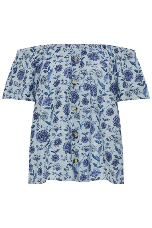 LTS Tall Women's Blue Floral Print Button Detail Bardot Top | Long Tall Sally 5