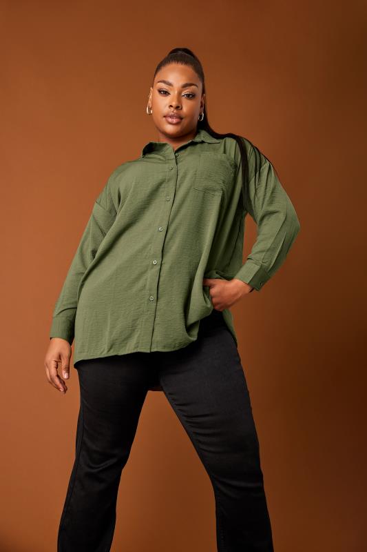 Plus Size  YOURS Curve Khaki Green Textured Boyfriend Shirt