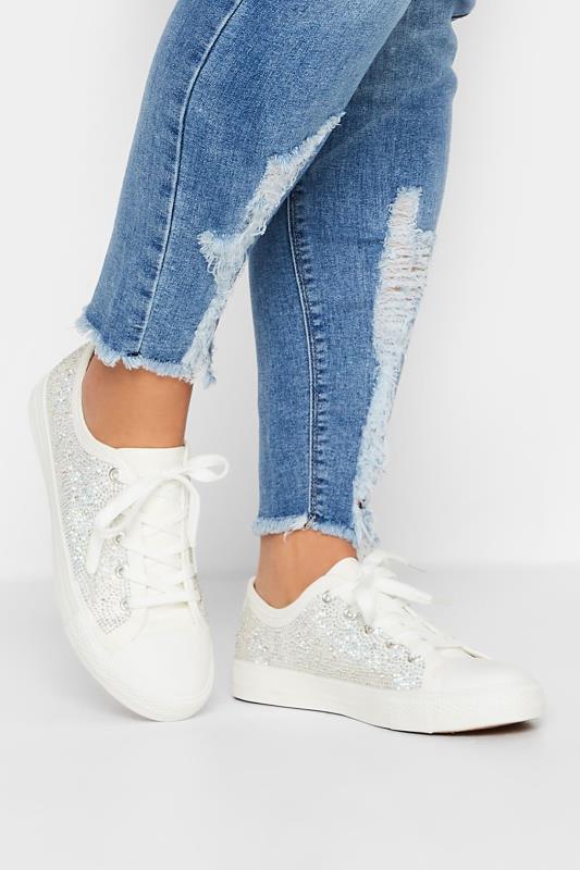 Plus Size  Yours White Diamante Low Trainer In Wide E Fit
