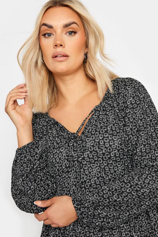 YOURS Plus Size Black Ditsy Floral Print Textured Midi Dress | Yours Clothing 4