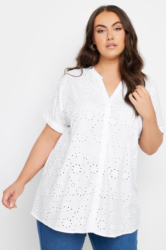 YOURS Curve White Broderie Anglaise Notch Neck Shirt | Yours Clothing 1