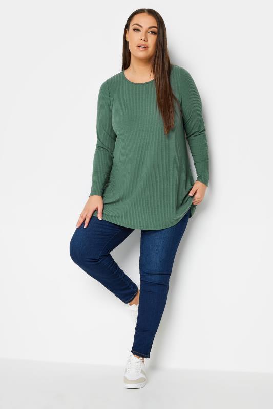 YOURS Plus Size Dark Green Ribbed Swing T-Shirt | Yours Clothing