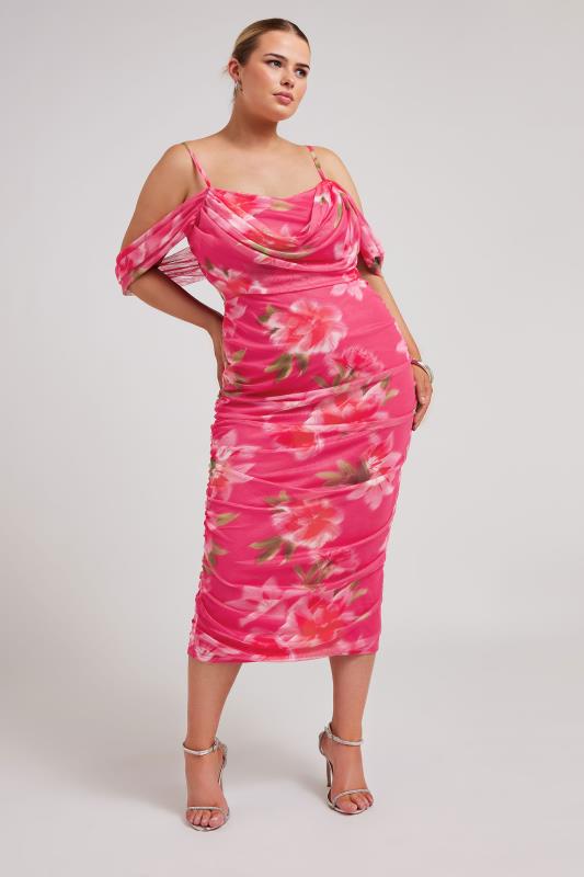 Plus Size  YOURS LONDON Curve Pink Floral Print Cold Shoulder Dress