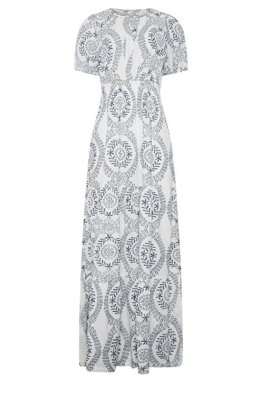  LTS Tall vestido largo de lino azul marino y blanco con estampado de encaje