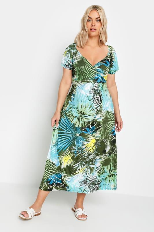  Grande Taille YOURS Curve Blue & Green Tropical Leaf Print Maxi Dress
