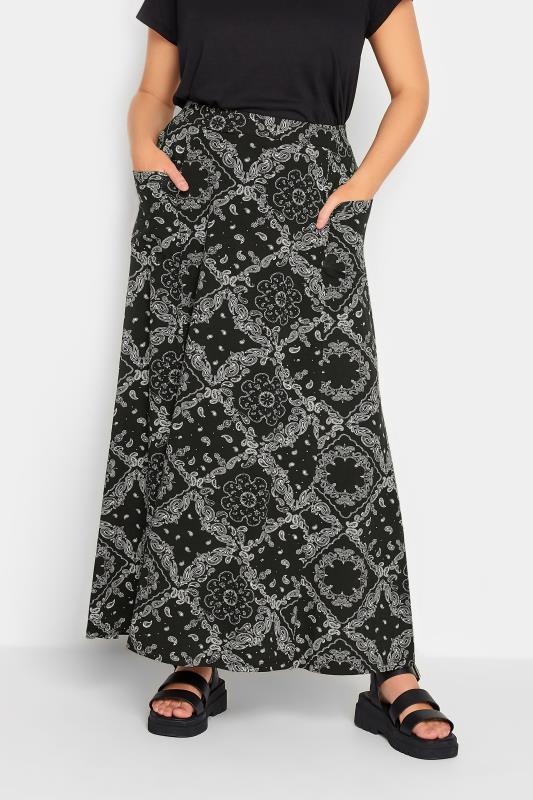 YOURS Plus Size Black Tile Print Pocket Detail Maxi Skirt | Yours Clothing 1