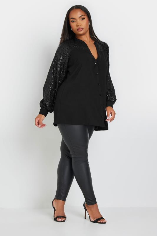 YOURS Plus Size Black Sequin Sleeve Blouse | Yours Clothing  2