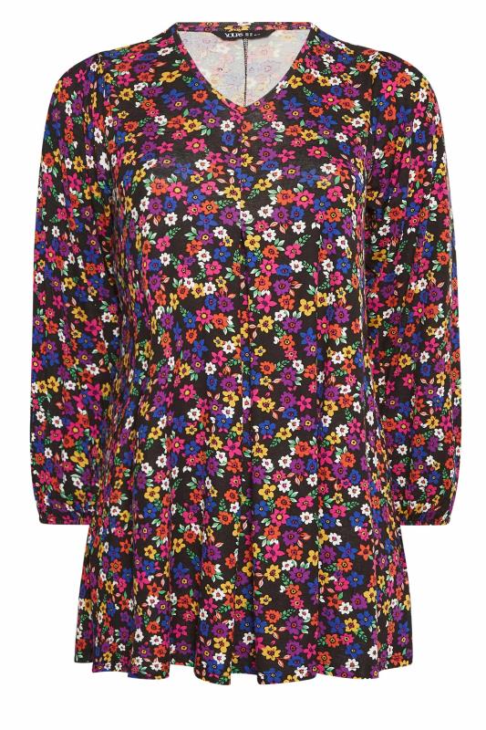 Plus Size Black Long Sleeve Ditsy Floral Print Swing Top | Yours Clothing 6