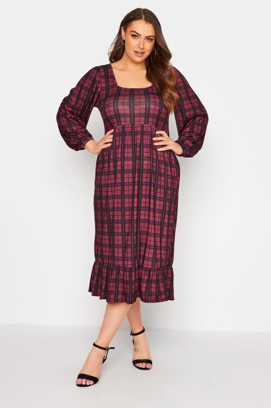 YOURS LONDON Curve Burgundy Red Check Smock Midi Dress 2