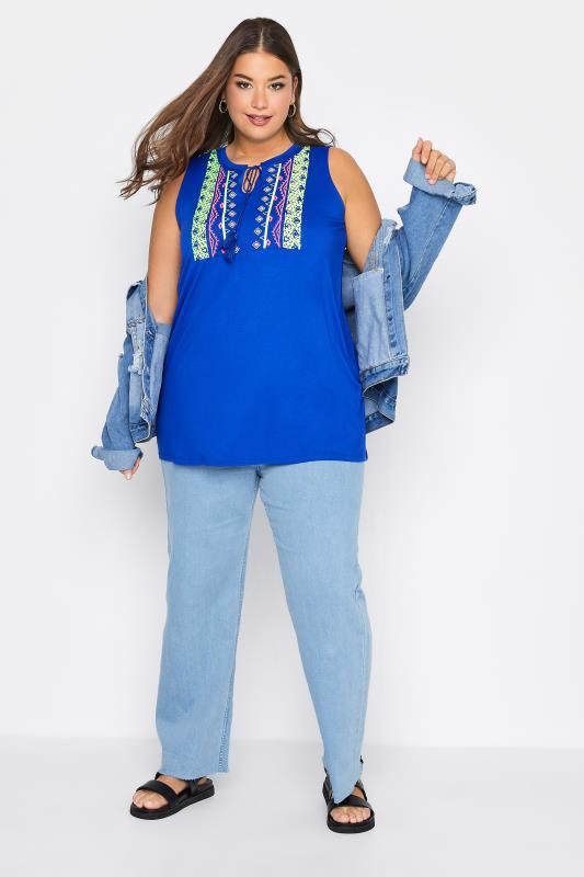 Curve Blue Aztec Embroidered Tie Neck Top_B.jpg