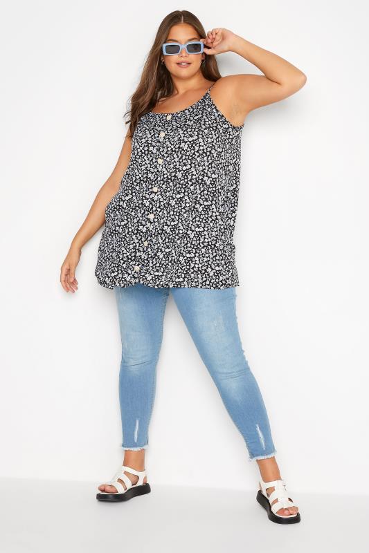 Plus Size Black Ditsy Print Button Through Cami Top | Yours Clothing  2