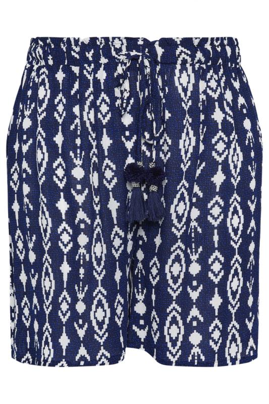YOURS Plus Size Navy Blue Ikat Print Crinkle Tassel Shorts | Yours Clothing 5