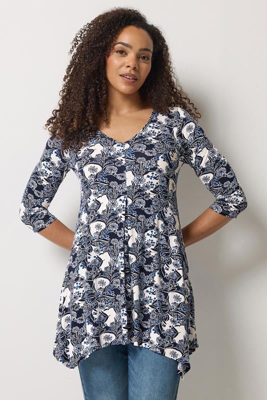 M&Co Navy Blue Floral Hanky Hem Top | M&Co 1