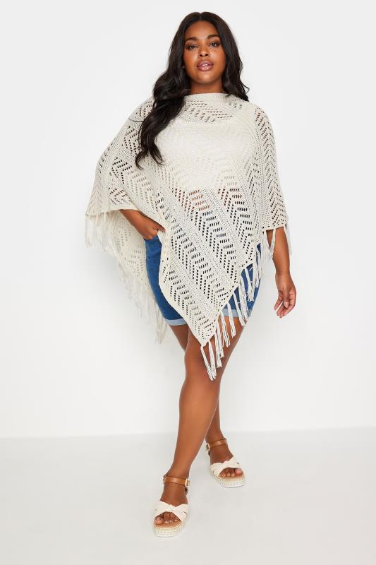YOURS Plus Size Cream Pointelle Knitted Poncho | Yours Clothing 2
