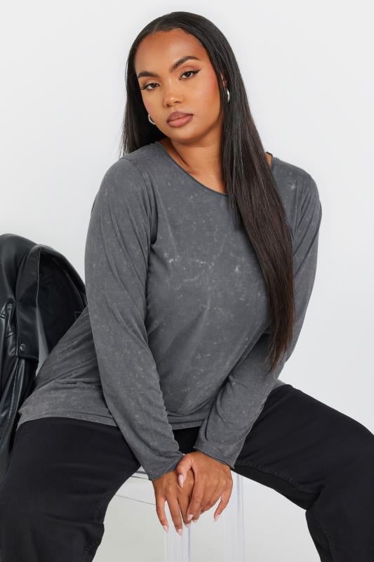 YOURS Plus Size Grey Acid Wash Long Sleeve Top Yours Clothing