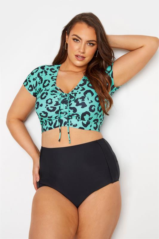 Plus Size  Curve Turquoise Blue Leopard Print Bikini Crop Top