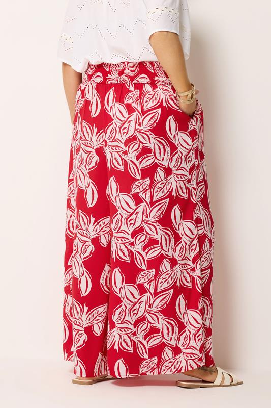 YOURS Plus Size Red Palm Leaf Wide Leg Trousers | Yours Clothing 2