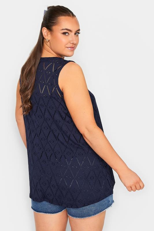 YOURS Plus Size Navy Blue Broderie Anglaise Pleated Vest Top | Yours Clothing 3