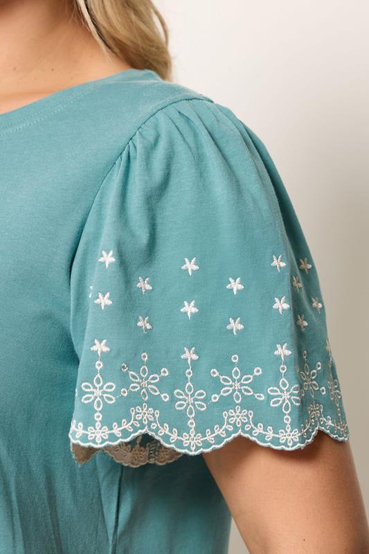 YOURS Plus Size Green Embroidered Sleeve T-Shirt | Yours Clothing 4