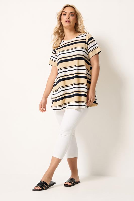 Yours Plus Size Ivory White Ribbed Stripe Swing T-Shirt | Yours Clothing 1