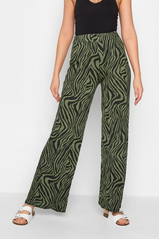 LTS Tall Khaki Green Zebra Print Wide Leg Trousers | Long Tall Sally  1