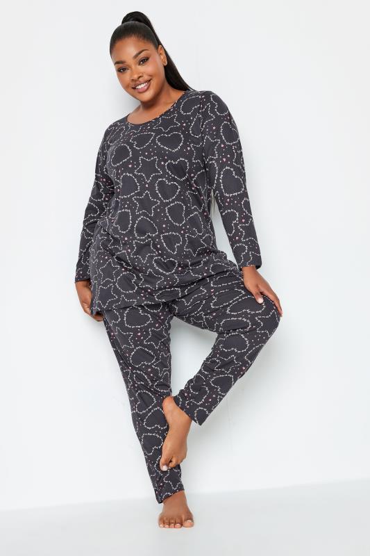Plus Size  YOURS Curve Grey Heart & Star Print Tapered Pyjama Set