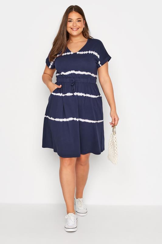 Plus Size Navy Blue Tie Dye Cotton T-Shirt Dress | Yours Clothing 1