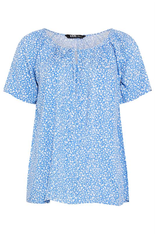 YOURS Plus Size Blue Floral Short Sleeve Pintuck Blouse | Yours Clothing 5