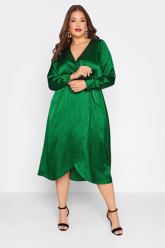 LIMITED COLLECTION Curve Forest Green Satin Wrap Dress 2