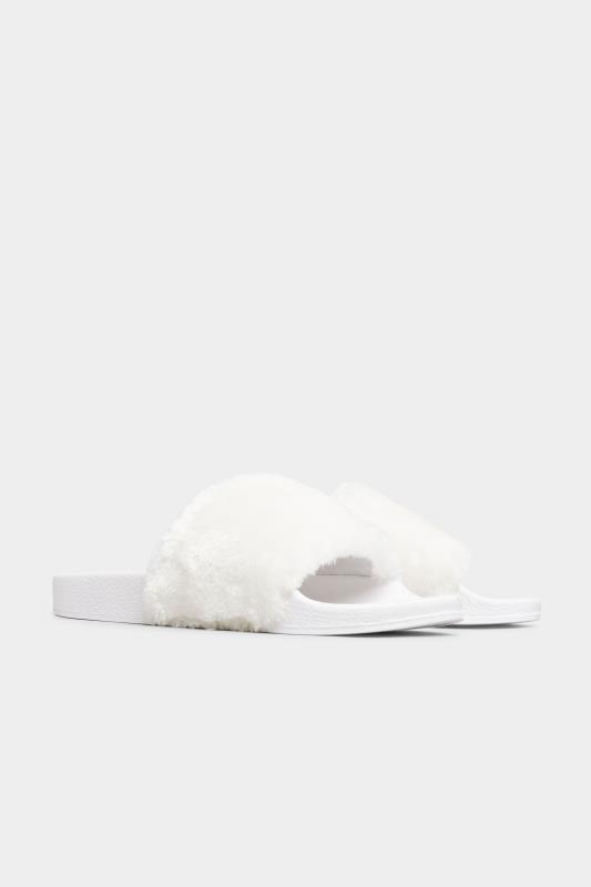 Plus Size  White Vegan Faux Fur Sliders In Regular Fit