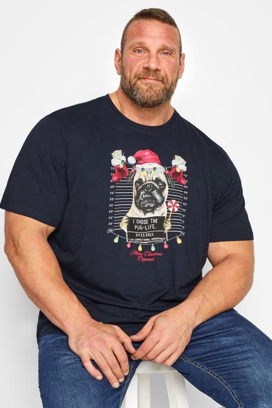 JACK & JONES Big & Tall Navy Blue Christmas Pug Mugshot T-Shirt | BadRhino 1