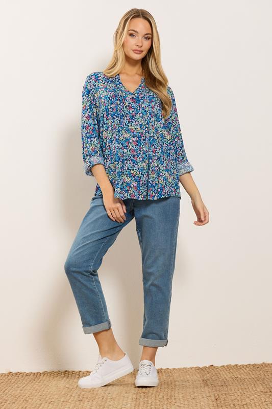 M&Co Blue Ditsy Floral Pintuck Blouse | M&Co 1