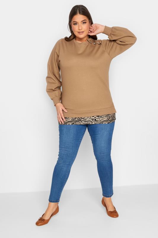 Curve Plus Size Brown Zebra Print Hem Sweatshirt | Yours Clothing  2