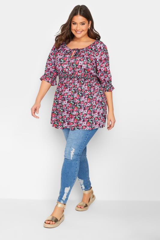 YOURS Plus Size Black Floral Print Shirred Waist Gypsy Top | Yours Clothing 2