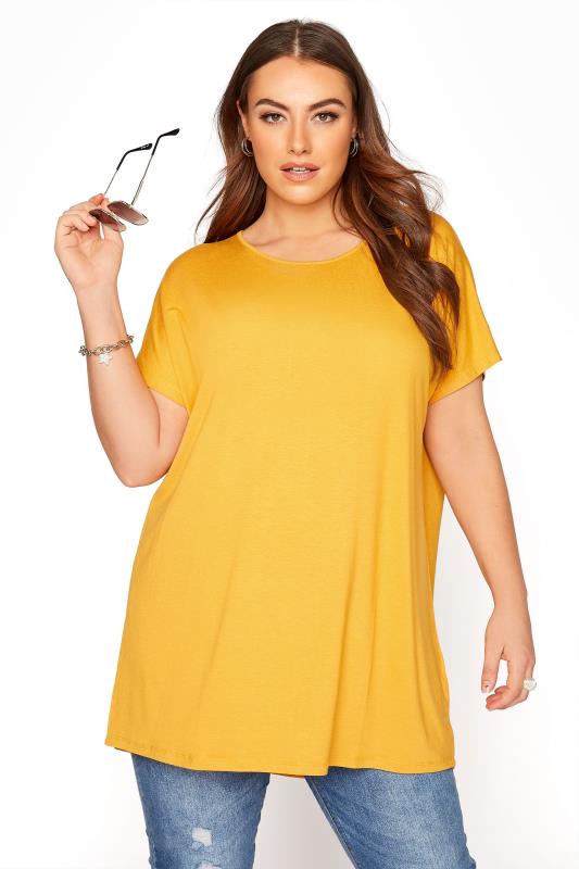 Plus Size  Yellow Grown On Sleeve Dip Back T-Shirt