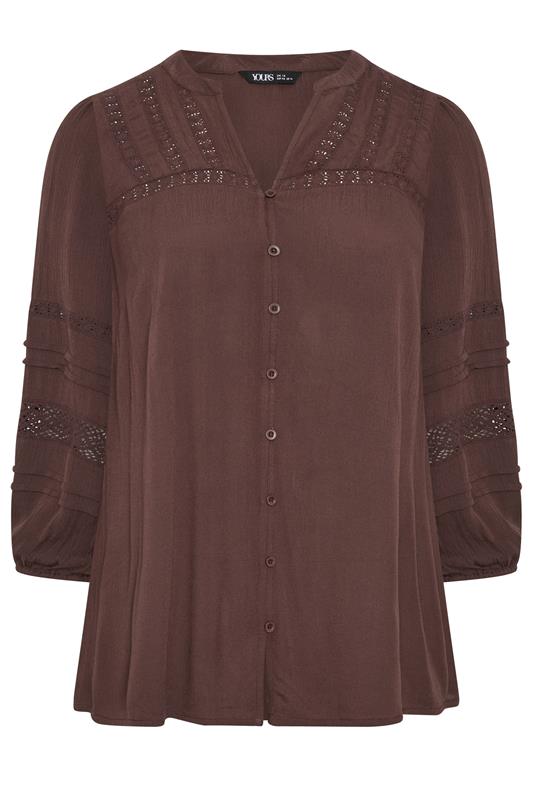 YOURS Plus Size Chocolate Brown Notch Neck Crochet Blouse | Yours Clothing  5