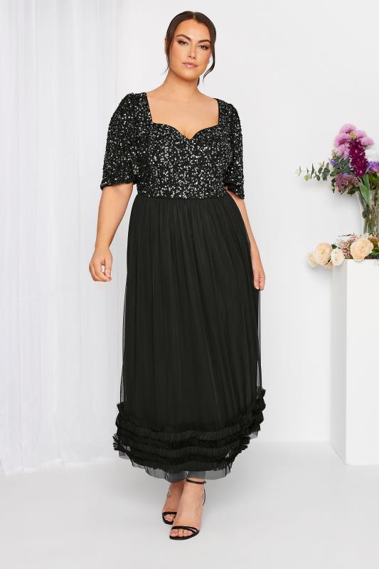 LUXE Plus Size Curve Black Sequin Sweetheart Ruffle Maxi Dress | Yours Clothing  2
