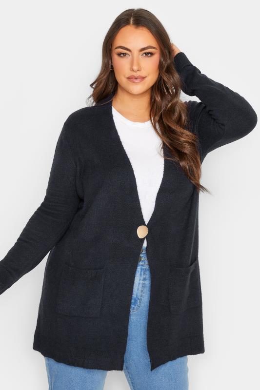 Curve Plus Size Womens Navy Blue Button Detail Knitted Cardigan | Yours Clothing  1