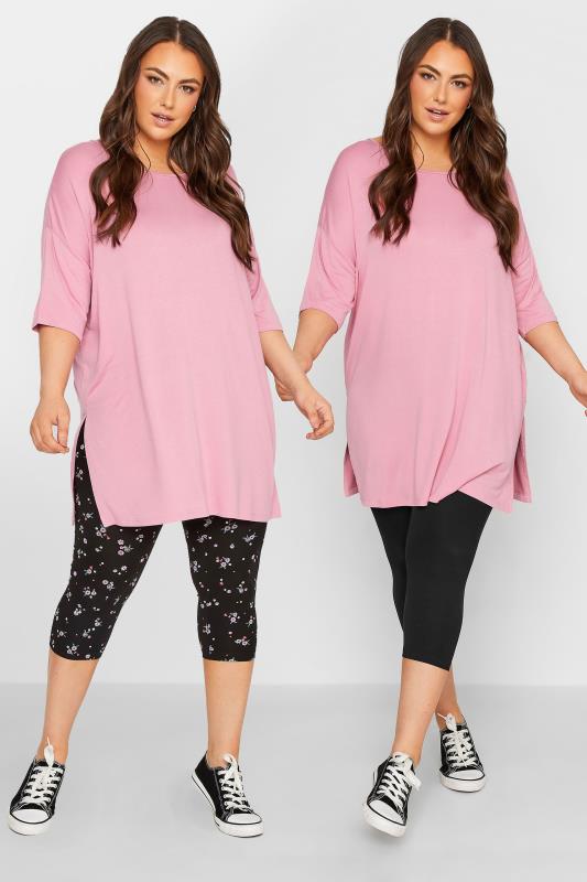  Grande Taille YOURS 2 PACK Curve Black Floral Print Cropped Leggings