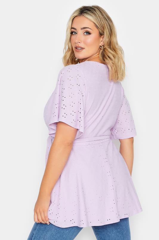 YOURS Curve Plus Size Lilac Purple V-Neck Broderie Anglaise Wrap Top | Yours Clothing  3