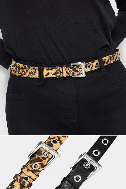 2 PACK Black & Beige Brown Animal Print Eyelet Detail Belts | Yours Clothing 1