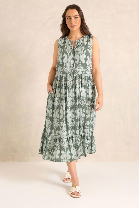 EVANS Plus Size Green Abstract Print Tie Neck Maxi Dress | Evans 2