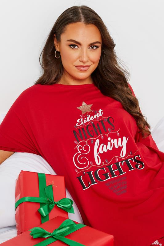 Plus Size Red 'Silent Nights & Fairy Lights' Christmas Pyjama Gift Set | Yours Clothing 5