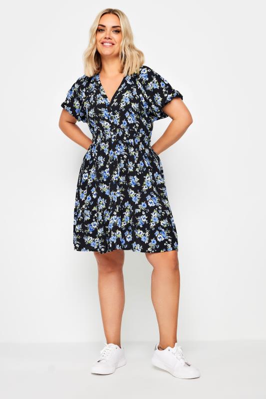 Plus Size  YOURS Curve Blue Floral Print Button Through Dress