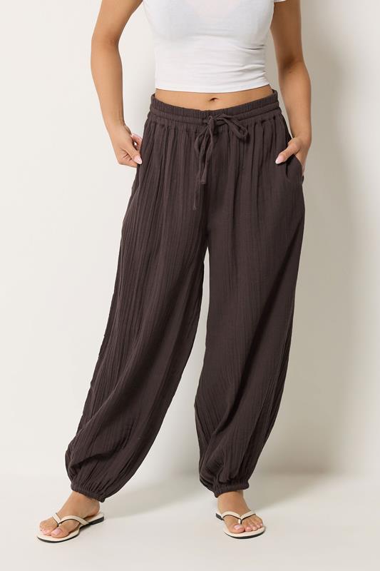 PixieGirl Petite Women's Chocolate Brown Cheesecloth Cotton Balloon Trousers | PixieGirl 1