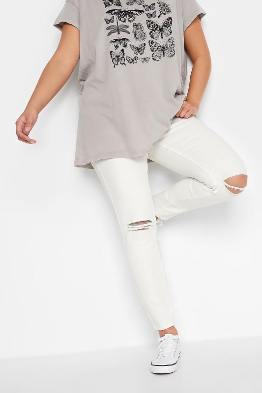 Plus Size  YOURS Curve White Ripped Knee Skinny Stretch AVA Jeans