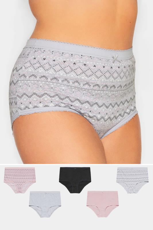  Grande Taille YOURS 5 PACK Grey Fairisle Print Cotton High Waisted Full Briefs