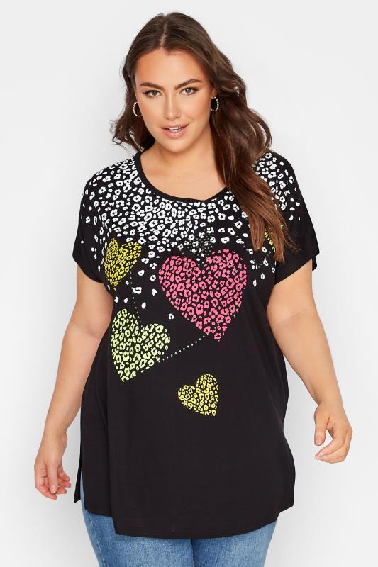 Plus Size Black Leopard Heart Printed T-shirt | Yours Clothing 1