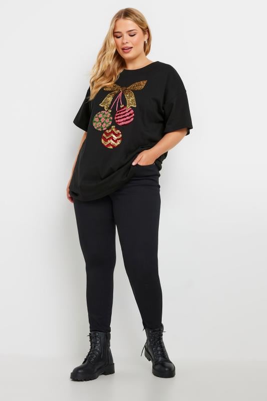 YOURS Plus Size Black Sequin Embellished Bauble T-Shirt | Yours Clothing  2