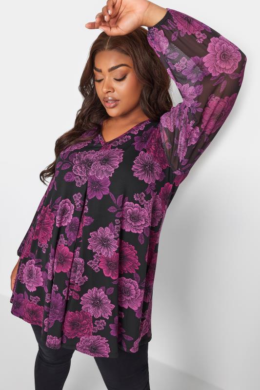 YOURS Plus Size Purple Floral Print Mesh Sleeve Pleated Top | Yours Clothing  1
